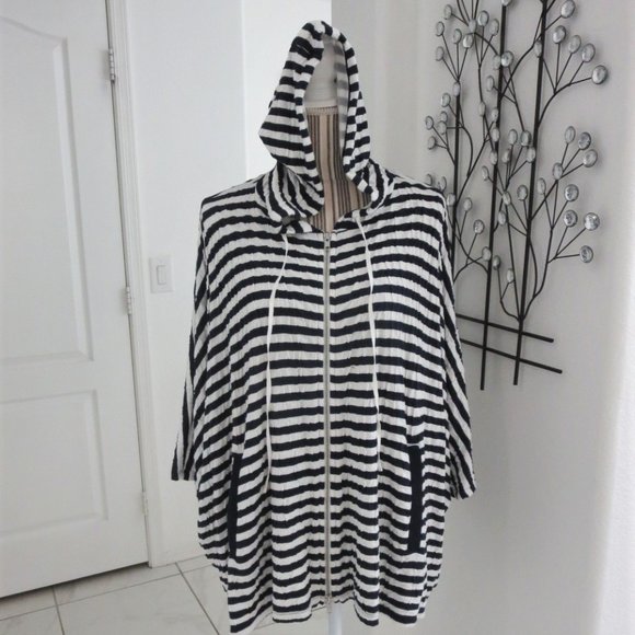 Jude Jackets & Blazers - New JUDE Zip Front Hooded Striped Navy White Jacket Dolman Batwing Pockets NWT